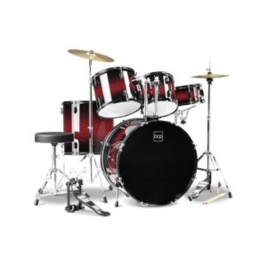 5-Piece Full Size Complete Adult Drum Set w:Cymbal Stands, Stool, Drum Pedal, Sticks, Floor Tom - Dark Cherry Sunburst