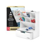 ARTEZA Desktop Pen and Marker Organizer, 6-Compartment White Pen Holder for Desk with Stationery Drawer, Makeup Organizer