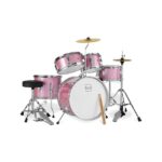 Kids 5-Piece Beginner Drum Set Junior Kit, Starter Percussion w:Cymbals, Pedal, Toms, Snare, Drumsticks, Stool - Pink Sparkle